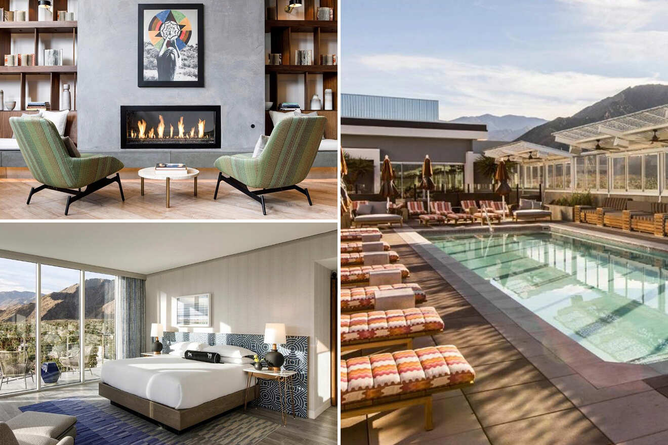 Collage of three hotel photos: lounge area with fireplace, bedroom, and outdoor pool